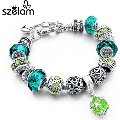 Szelam 2019 Diy Green Crystal Beads Bracelet For Women Silver Snake Chain Charm Bracelet Fashion Jewelry Pulseira SBR150305