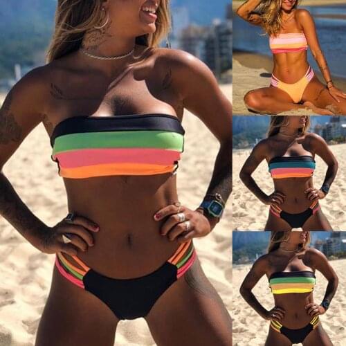 Women Padded Wireless Strapless Tube Top Stripes Patchwork Bikini Swimsuit Set Female Beachwear Swimming Bikini Women