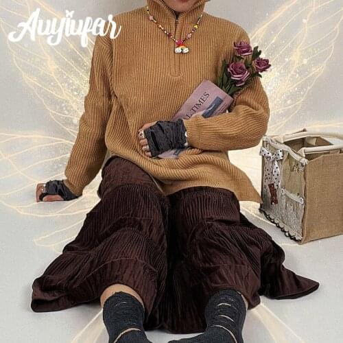 Auyiufar Winter Fairy Grunge Turtleneck Knitted Pullover Sweaters Zipper Long Sleeve Goblincore Oversized Vintage Jumpers Women