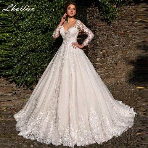 Lhuilier A Line Sheer Neck Lace Wedding Dresses 2021 Full Sleeves Floor Length Illusion Back Bridal Gowns Sweep Train