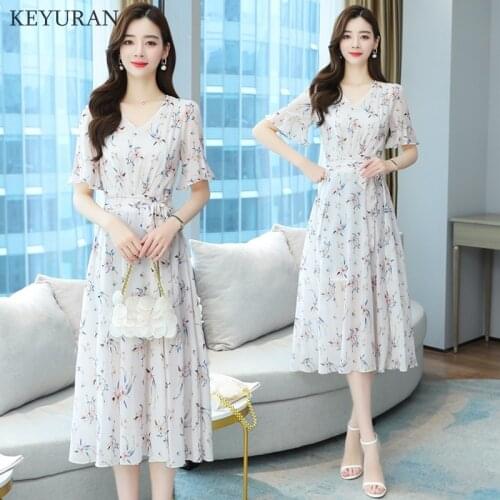 2021 New High Quality Chiffon White Dress Summer Vintage Chic Print Plus Size Midi Sundress Women Elegant Bodycon Party Vestidos