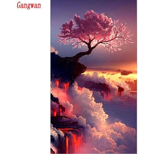 5D square round DIY Diamond Painting Sunset tree Embroidery Cross Stitch Rhinestone Mosaic Japanese cherry blossom view Decor