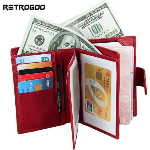 RETROGOO Fashion Women Passport Wallet Men Genuine Leather Travel Passport Cover Case Credit Card Holder Money Bag Short Cateira