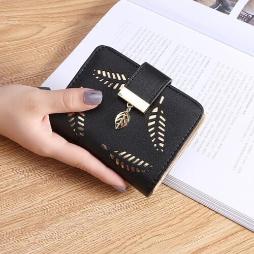 2020 Design Womens Purse Zipper Leather Ladies Wallet Women Luxury Brand Small Female Wallet Hollow Leaves for Credit Cards