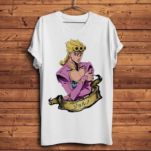 JoJos Bizarre Adventure Giorno Giovanna funny anime tshirt Men new White Casual short sleeve T Shirt Unisex streetwear tee