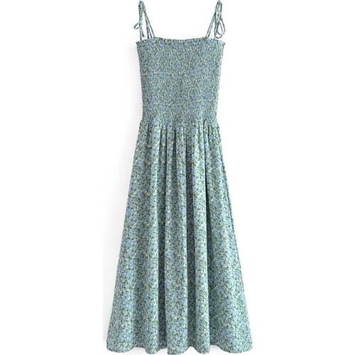 Jastie 2021 Summer Womens Dress Floral Print Square Neck Pleated Elastic Waist Sling Dresses Bohemian Beach Party Mini Dress