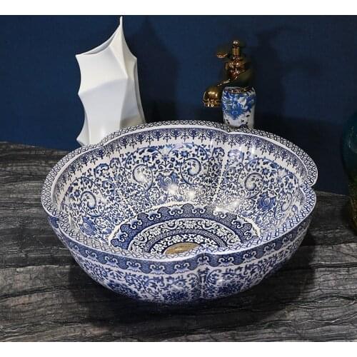 Jingdezhen factory directly art hand painted ceramic vessel sink bathroom wash basin blue and white flower shape