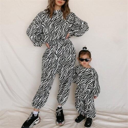 Parent-child Autumn Two-piece Set Zebra Stripe Printed Pattern Pullover Hoodies Tops and Long Pants Family Matching Outfits