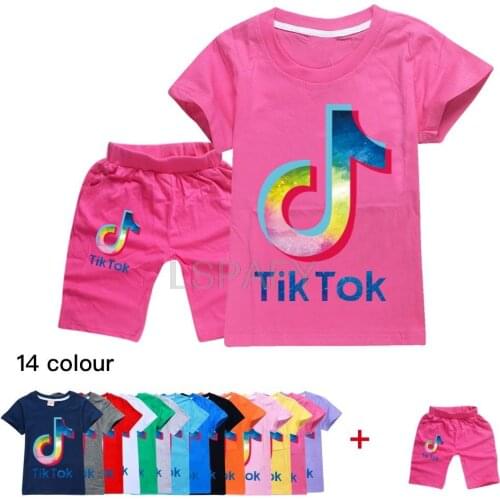 TIK TOK Summer Girls Clothes Suits fashion cartoon print childrens short-sleeved cotton T-shirt + shorts suit set