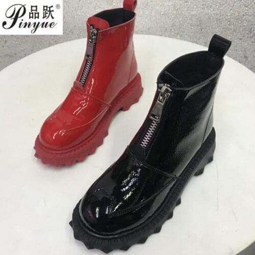 Leather front zip boots womens new cotton padded boots in autumn and winter winter boots women women boots
