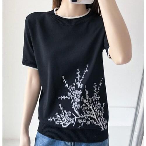 LJSXLS Knitted Embroidery Thin Womens Sweater Summer Tops Print O-Neck Short Sleeve Casual Pullovers Women Sweater Mujer 2021