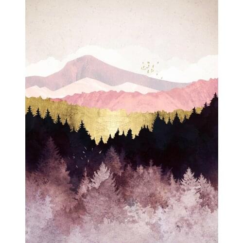 Pink Gold Leaves Abstract Mountain Wall Art Poster Nordic Forest Landscape Canvas Painting Posters Modern Living Room Home Decor