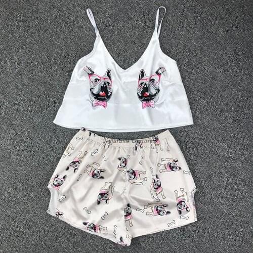Dog Animal Cartoon Backless Satin Sexy Pajamas Black Pajamas With Pants Loose Spaghetti Strap Intimate Lingerie Sleepwear Women