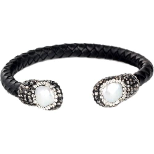 Luxury style classic black leather with natural freshwater pearl end beads charms adjustable open cuff bangle bracelet for women