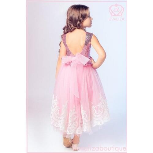 Backless Pink Sequin Flower Girls Dresses A Line Rose Pink Girls Birthday Celebrity Dress Lace Bottom Custom