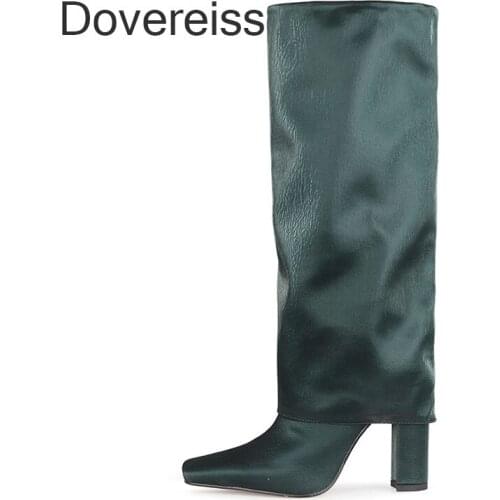 Dovereiss Fashion Womens Shoes Winter New Pointed Toe Sexy Burgundy Slip On Chunky Heels Knee High Boots 44 45 46 47