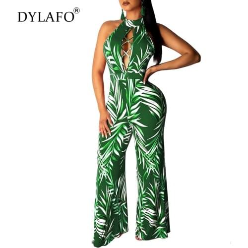 Sexy Women Halter Jumpsuit Sleeveless Halter Backless Hollow Out Playsuit Rompers Casual Slim Floral Print Jumpsuit Overalls