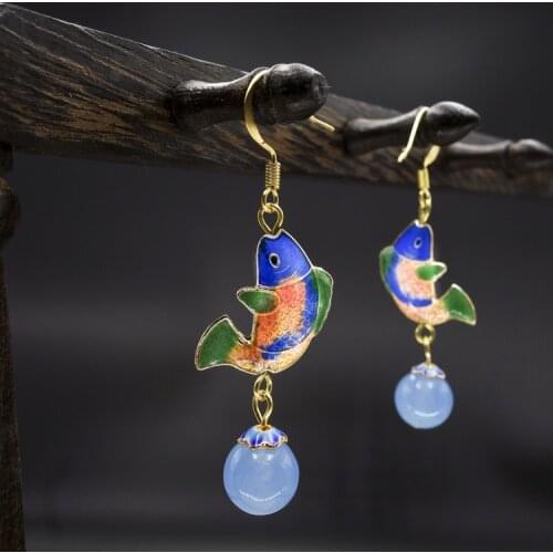 Vintage ethnic jewelry dangle earrings,fashion nature chalcedony vintage cloisonne fish earrings,new stones ethnic earrings