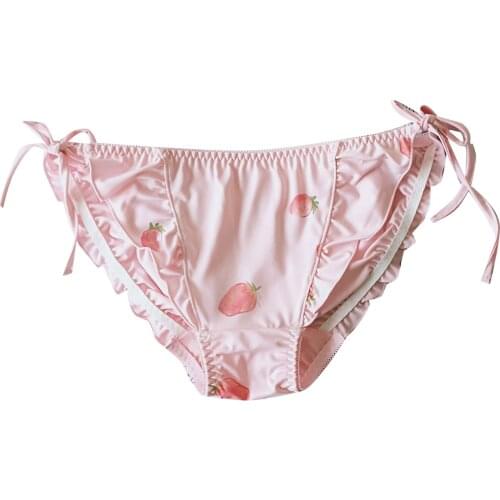 Cute Pink Panties Sexy Womens Panties Strawberry Printed Sides Lace-up Briefs Sissy Underpants Ladies Low Waist Pleated Panties