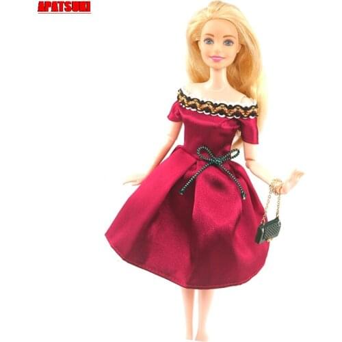 Wine Bowknot Fashion Doll Clothes For Barbie Doll Dress Off Shoulder Dresses Clothes For 1/6 BJD Dolls Outfits Accessories Toys