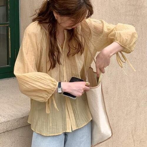 Loose Long Sleeve Women Blouse Autumn Korean O-neck Lantern Sleeve Chiffon Shirt Woman Sun Protection Shirt Tops Chemise 10349