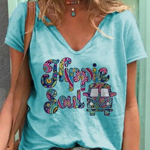 Hippie Soul Women Shirt Short Sleeve Bus Printing O-Neck T Shirt Female Casual Ladies Tops 2020 Summer Fashion Womens T-Shirts
