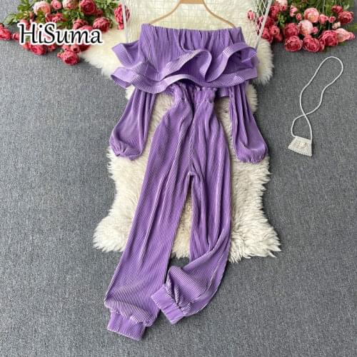 2021 Spring New Women slash neck Puff Sleeve ruffles Waist Chiffon Jumpsuit Female straight Bodysuit Jumpsuits