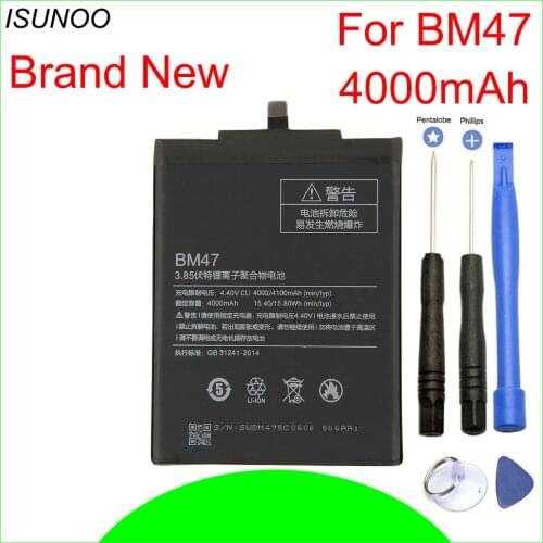 ISUNOO 4000mAh BM47 Battery For Xiaomi Redmi 3S Redmi 3X Redmi 4X Hongmi 3 S Redrice Hongmi 3 Bateria With Repair Tools