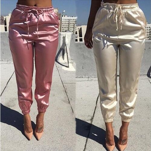 Elastic High Waist Pants Women Brand Jogger Sweatpants Satin Fashion Pink Pencil Pants Streewear Fitness Trousers Pantalon Femme