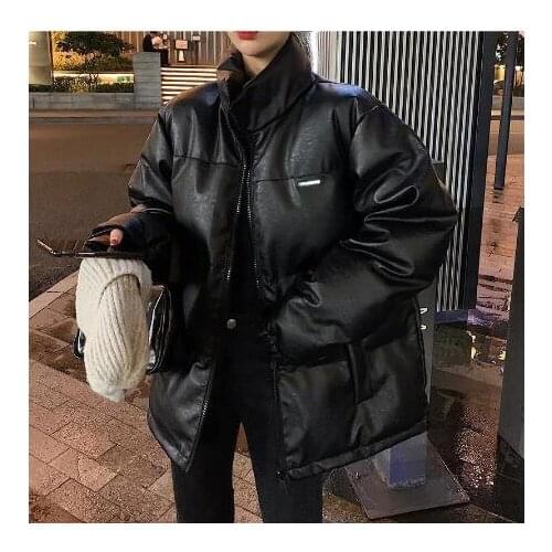Black Faux Leather Parkas Women Fashion PU Leather Coats Women Elegant Zipper Cotton Jackets Female Ladies