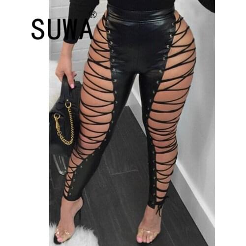Women Sexy Nightclub PU Pants INS Hottest Hollow Out Lace-up Zipper High Waist Skinny Ladies Chaparajos 2021 Spring K-POP Style