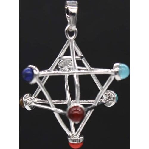 KFT Natural 7 Chakra Merkaba Stone Pendant Healing Crystal Quartz Hollow Star Points Reiki Stone Pendant Jewelry