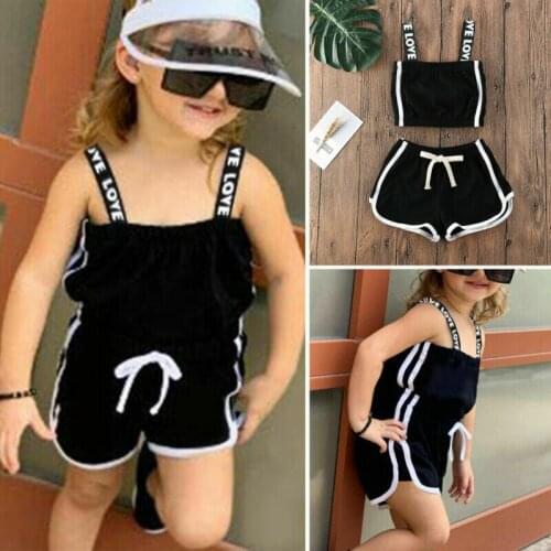 Baby Girls Kids Sunsuit Clothes Solid Color Sling Tops Pants Clothes Set