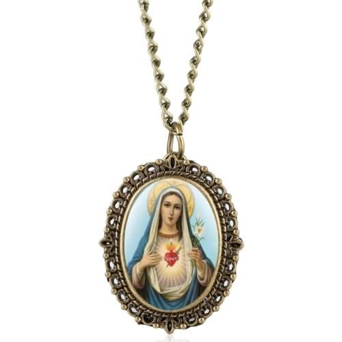 Retro Bronze Elegant Immaculate Heart of Mary Necklace Quartz Pocket Watch Chic Pendant Clock Collectibles Gifts for Lady Women