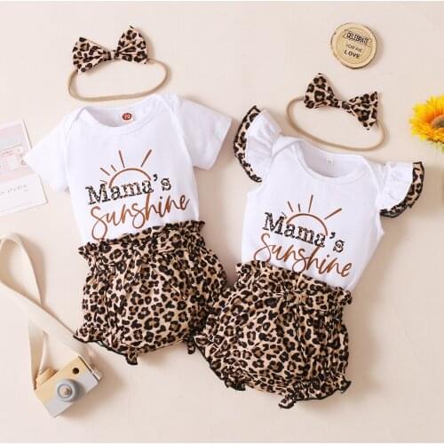 Citgeett Summer Infant Baby Girls Clothes Sets Letter Printed Ruffles Short Sleeve Romper Leopard Shorts Headband Suit