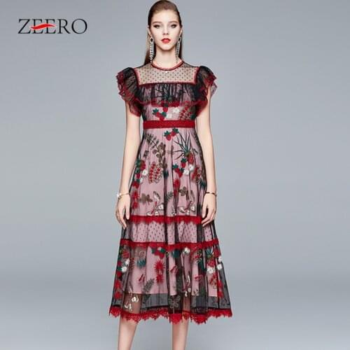 Summer Women Vintage Strawberry Embroidery Lace Ruffles Dress Elegant Female Sexy Mesh Long Party Dresses Vestidos Plus Size