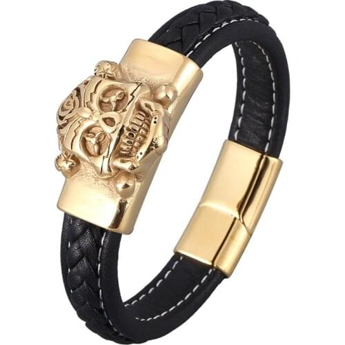 Trendy Black Braided Leather Hand Bracelet Men Punk Rock Jewelry Gold Stainless Steel Skull Magnet Clasp Bangle Male Gift PD0901