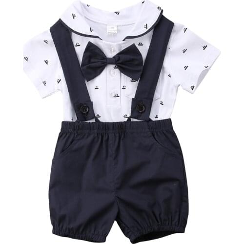 Fashion Baby Boy Clothes Set Summer Short Sleeve Bow T-Shirt Bodysuit Suspenders Overalls Pants Toddler Kids Outfit