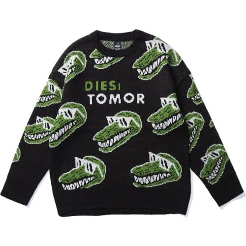 Dinosaur Jacquard Sweater Men Streetwear Hip Hop Cartoon Oversize O-Neck Pullovers Fall Winter Knitted Cotton Knitwear Couples
