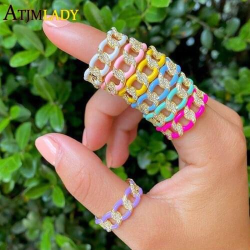 2021Valentines Day Gift Colorful Candy Neon Enamel Cuban Link Chain Sparking CZ Gold Color Engagement Eternity Band Finger Ring