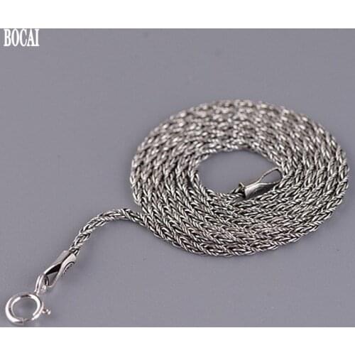 BOCAI New Real S925 Silver Woman Necklace Retro Hemp Rope Water Rripple Hand-knitted 2021 Fashion Sweater Chain
