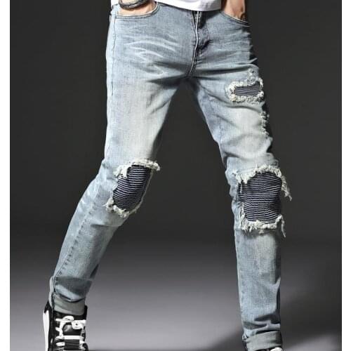 Ripped Mens Distressed Slim Biker Jeans Patch Light Blue Vintage Washed Denim Elastic Skinny Pants Size 28-40 High Quality