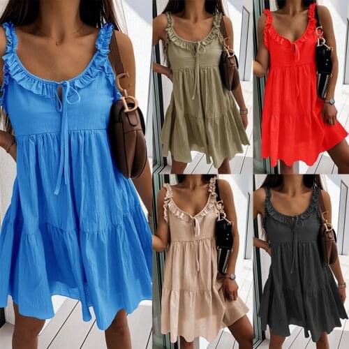 Sexy Off Shoulder Backless Party Sundresses Women Elegant V Neck Strap Sleeveless Dress 2021 Summer Lace-up Ruffle Beach Dresses