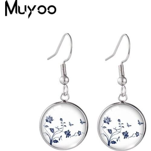 2020 New Blue and White Porcelain Earring Flower Painting Fish Hook Earrings Handmade Round Glass Dome Jewelry