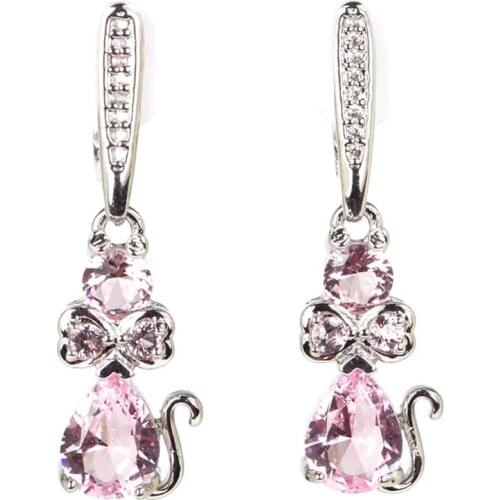 34x9mm SheCrown Lovely Cat Shape Created Blood Ruby Pink Kunzite White CZ For Girls Silver Earrings