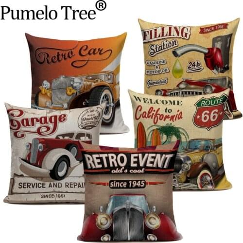 Nordic Decoration Home Cushion Cover Vintage Cars Pillows Car Travel Trip English Letters Sofa Decor Beige Linen Pillow Cases