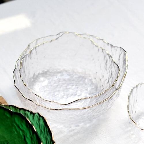 Japanese Style Iceberg Glass Bowl With Glod Rim Transparent Salad Fruit Soup Dessert Snack Foods Mixing Bowl Tea Wash Large