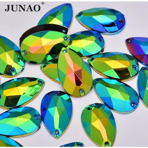 JUNAO 100pc 17x28mm Black AB Color Glitter Sewing Rhinestones Sewn on Teardrop Crystals Stones Needlework For Decorations