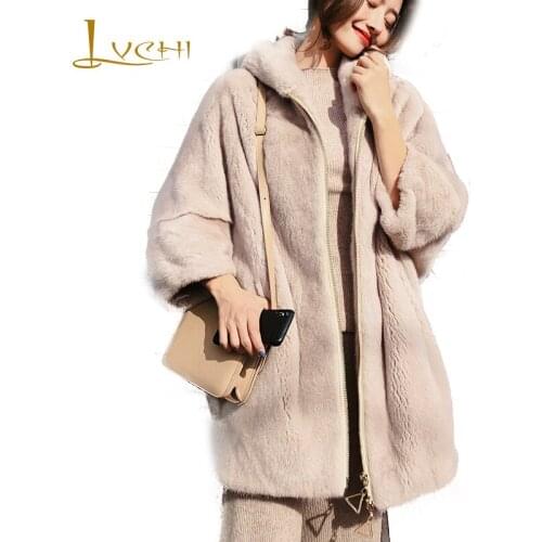 LVCHI 2019 Winter Velvet Mink Fur Coat Women Slim Loss Batwing Sleeve With Fur Hood Real Fur Coat Soft Medium Mink Fur Coats