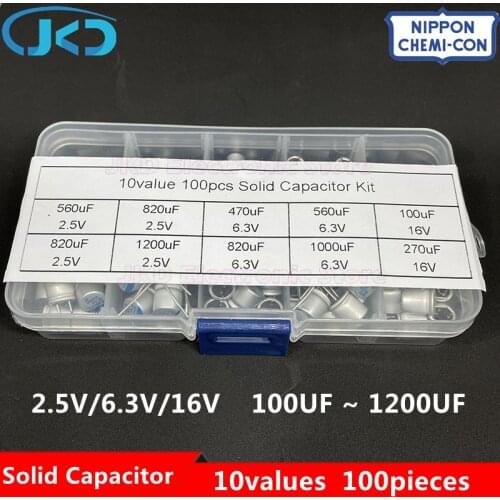 10values 100pcs NCC solid capacitor assorted kit 2.5V/6.3V/16V 100uF 270uF 470uF 560uF 820uF 1000uF 1200uF with free storage box
